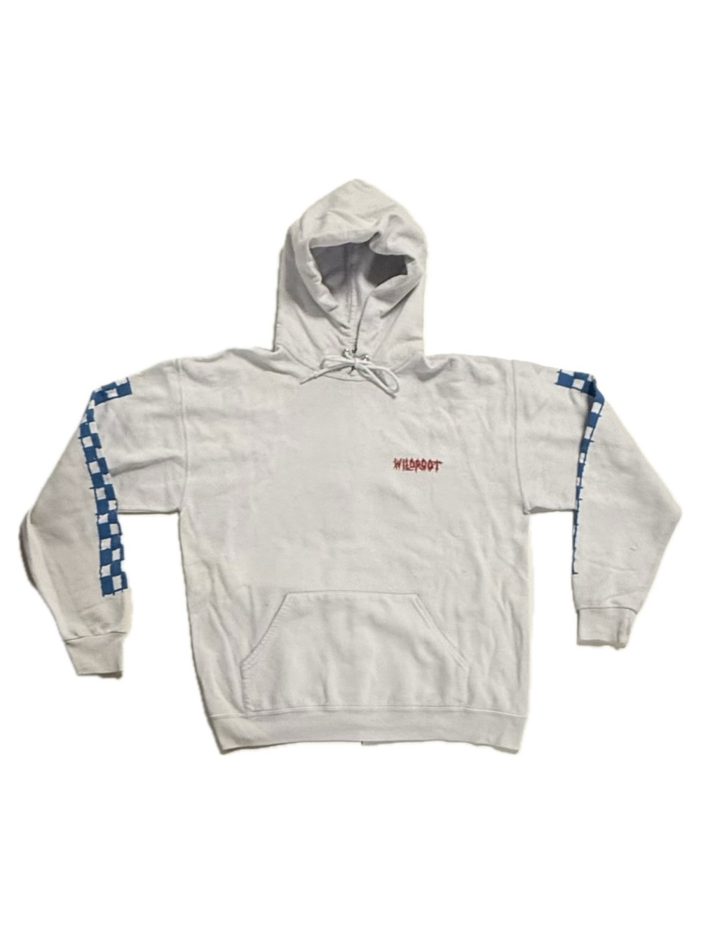 Wildroot Men’s Size Large White Hoodie with Blue Checker Sleeve Accents